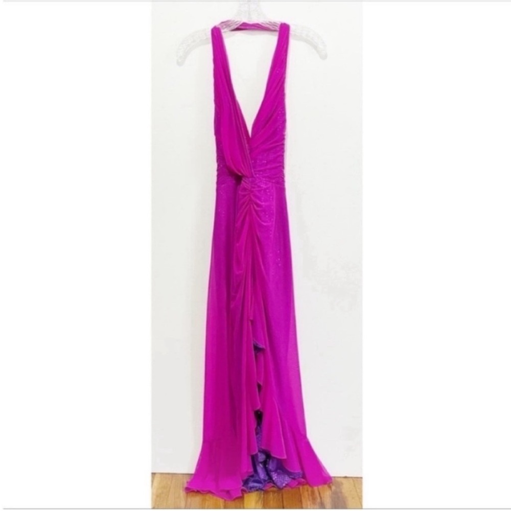 Tadashi Shoji dress pink purple mermaid ruffles sequins halter prom vintage